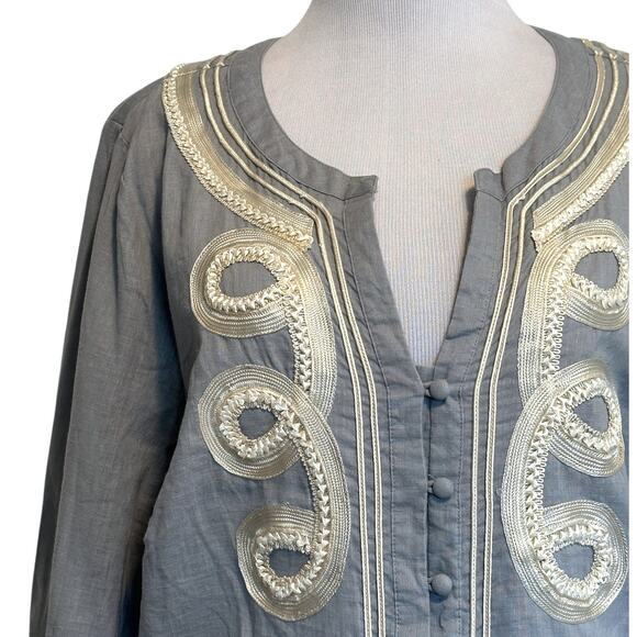Avenue Soutache Top Womens Size 14-16 Blue Gray & Cream Boho Button Blouse - Picture 2 of 7